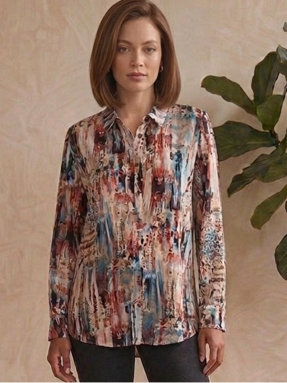 Northern Reflections women Abstract Button-Down Shirt Blue Red Black Cream SzL